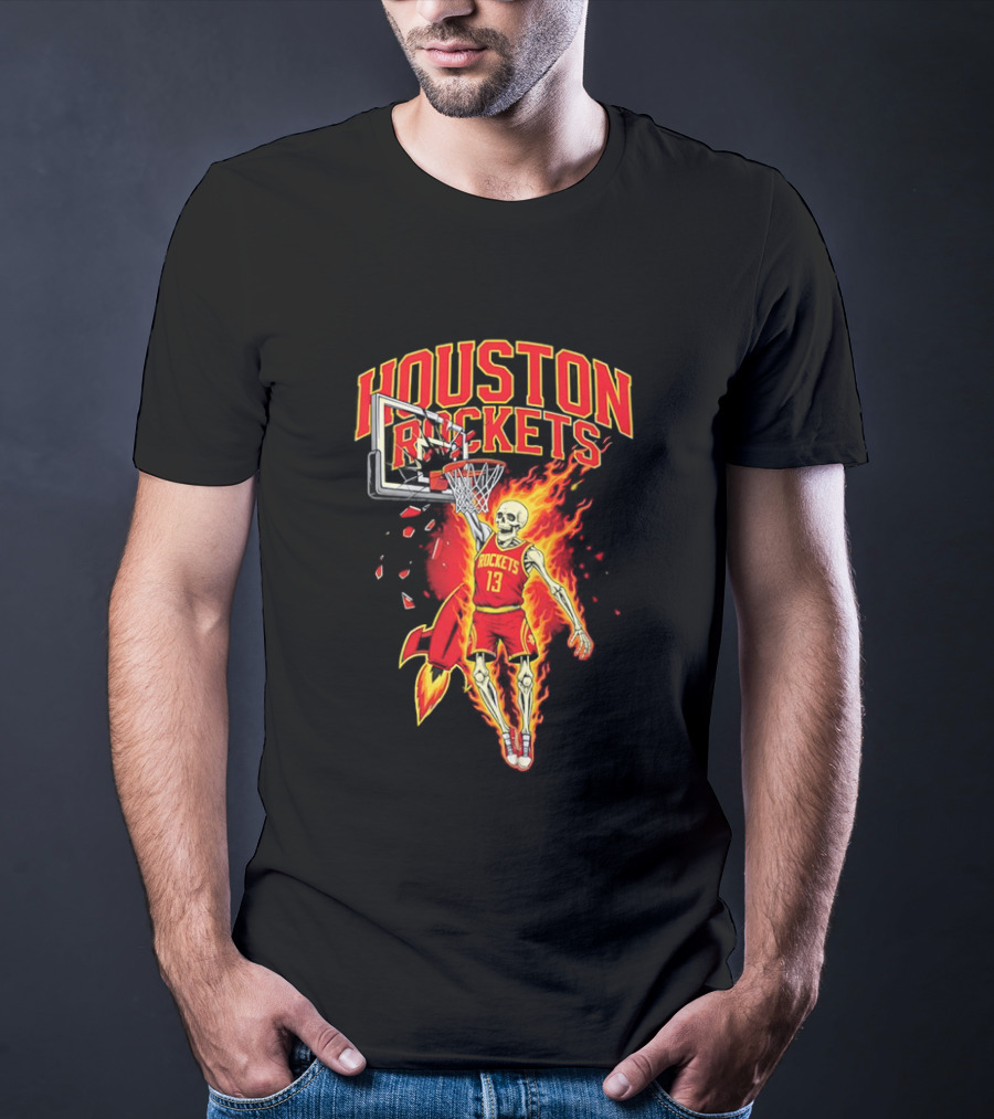 Houston Rockets Basketball Flaming Skeleton Player Dunking T-Shirt