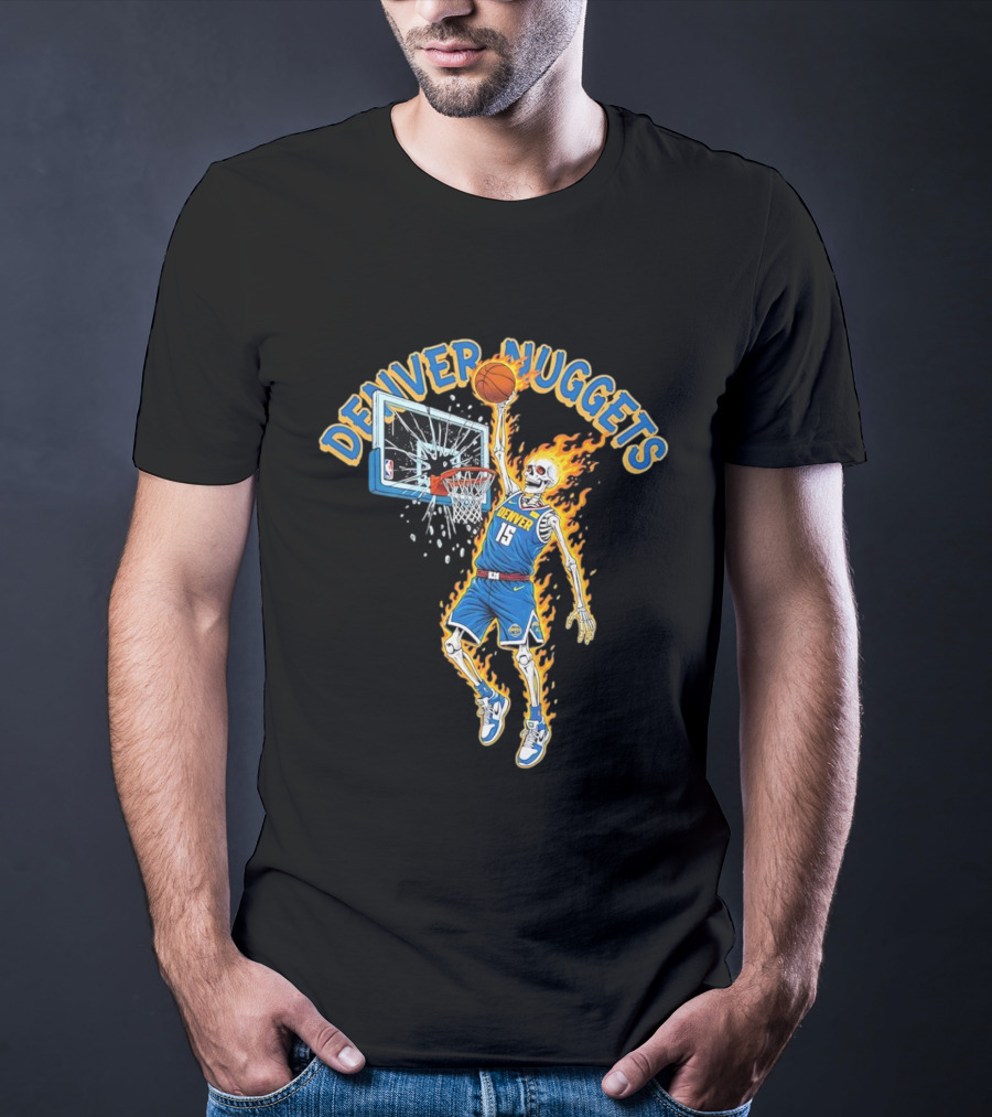 Denver Nuggets Skeleton Player Dunking With Basketball And Fire T-Shirt