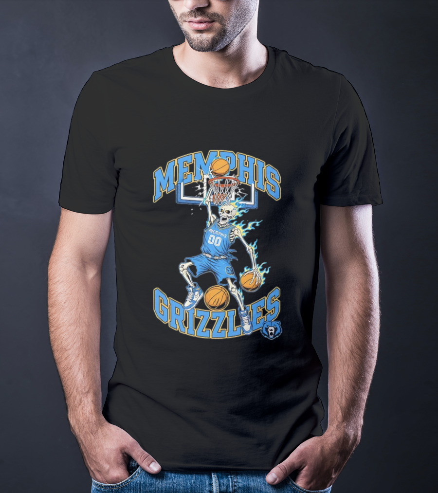 Memphis Grizzlies Basketball Skeleton Player Slam Dunking With Flames T-Shirt