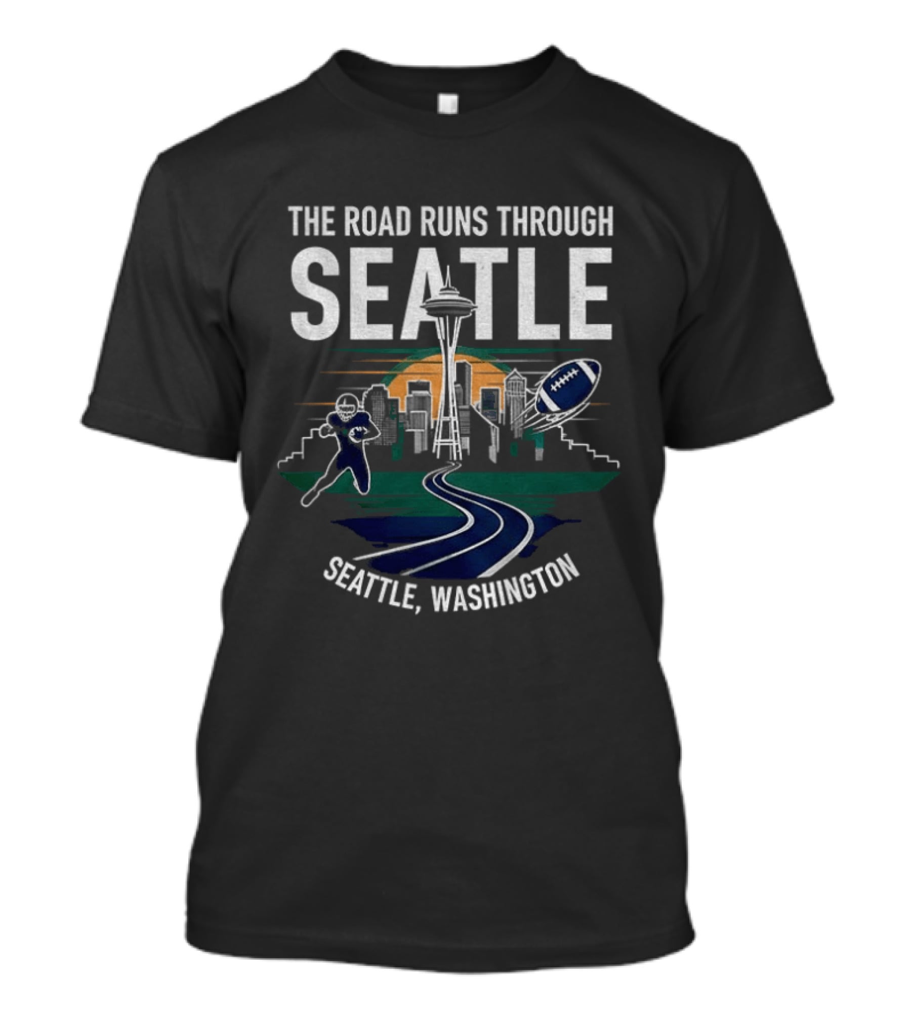 Seattle Washington The Road Runs Through Seattle Football Skyline T-Shirt