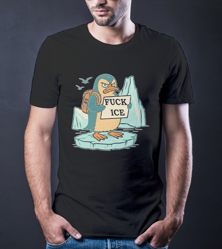Angry Penguin Holding Sign On Iceberg With Birds In Background T-Shirt