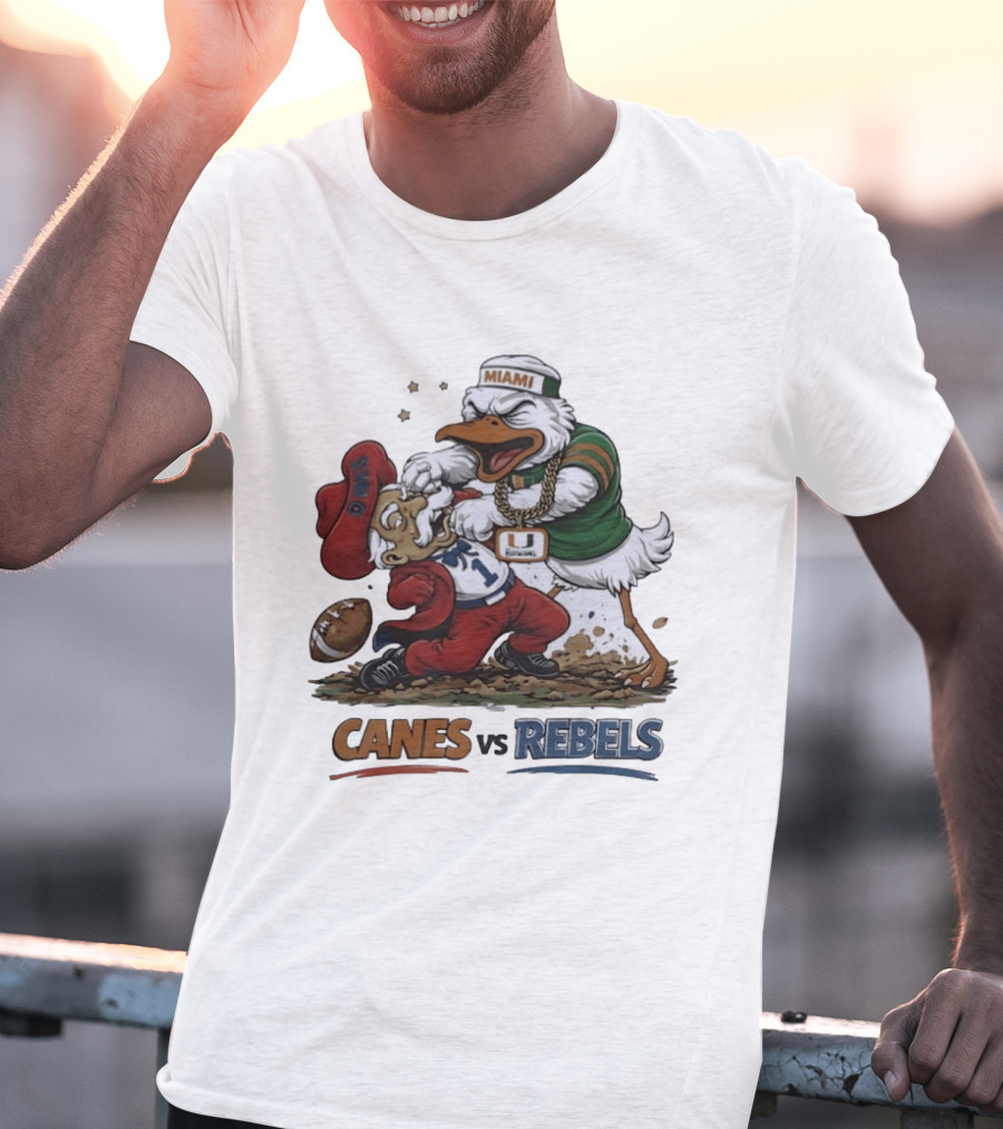 Miami Hurricanes Vs Ole Miss Rebels Mascot Showdown CFP Semifinal Vrbo Fiesta Bowl 2026 T-Shirt