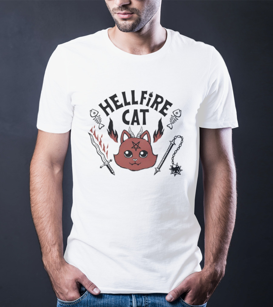 Hellfire Cat Satanicat Joke Club Funny Pentagram Cat With Flaming Sword And Fish Bones T-Shirt