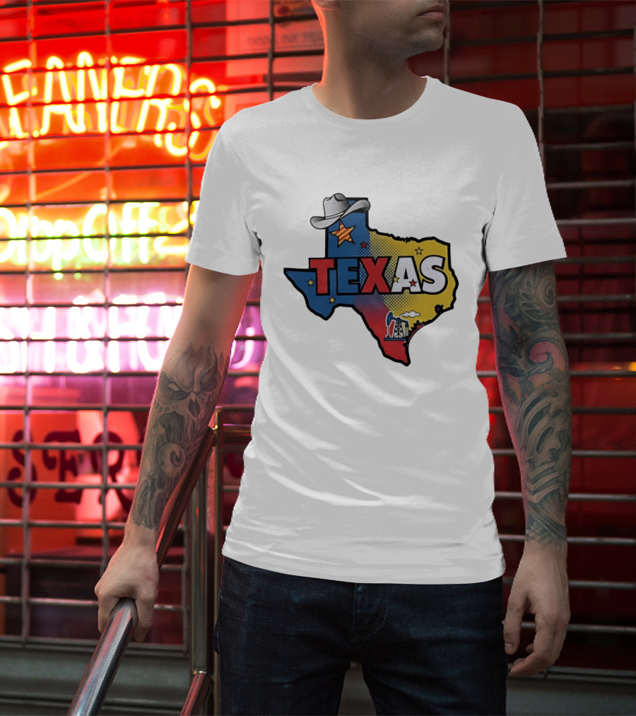 Texas Map Cowboy Hat Star Oil Rig T-Shirt
