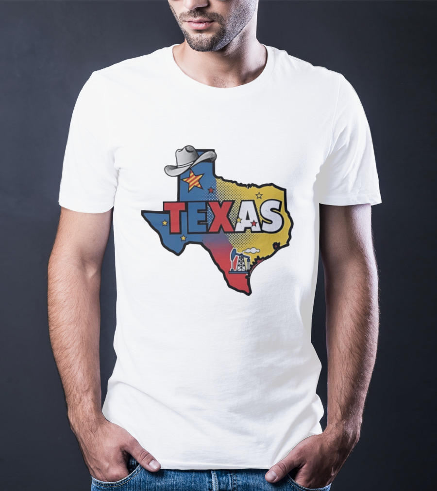 Texas Map Cowboy Hat Star Oil Rig T-Shirt