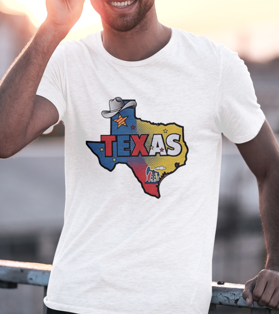 Texas Map Cowboy Hat Star Oil Rig T-Shirt