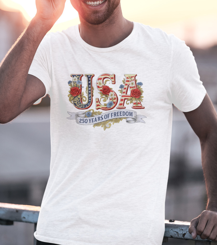 USA Patriotic 250 Years Of Freedom Floral 4th Of July Independence Day T-Shirt