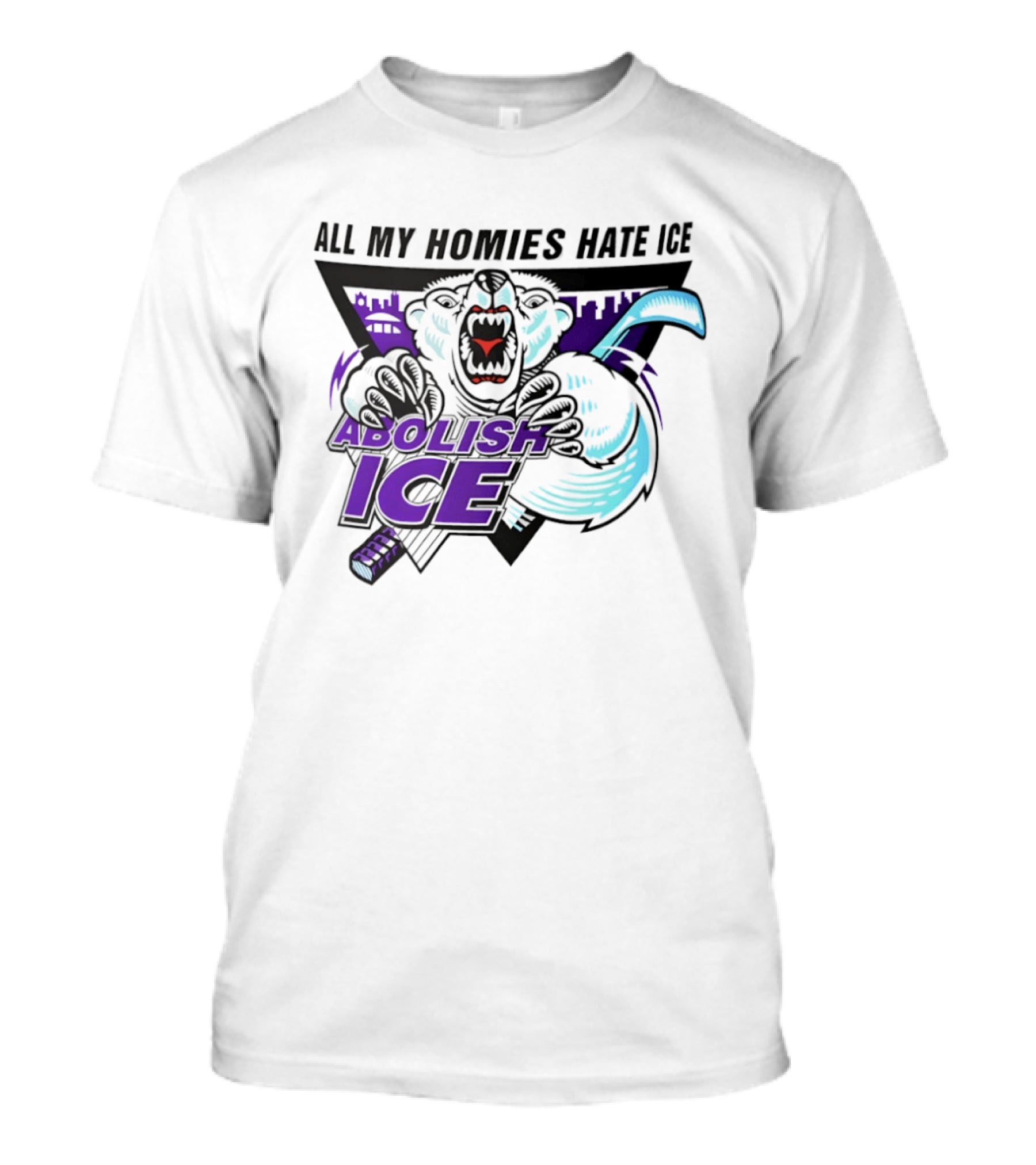 Abolish Ice All My Homies Hate Ice Polar Bear Hockey Rink Indianapolis Skyline T-Shirt