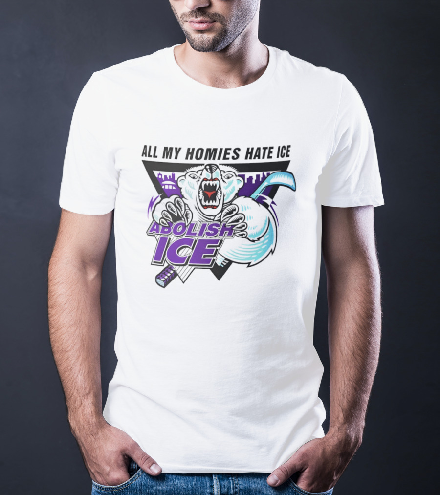 Abolish Ice All My Homies Hate Ice Polar Bear Hockey Rink Indianapolis Skyline T-Shirt