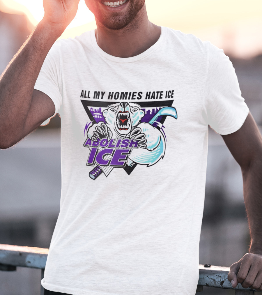 Abolish Ice All My Homies Hate Ice Polar Bear Hockey Rink Indianapolis Skyline T-Shirt
