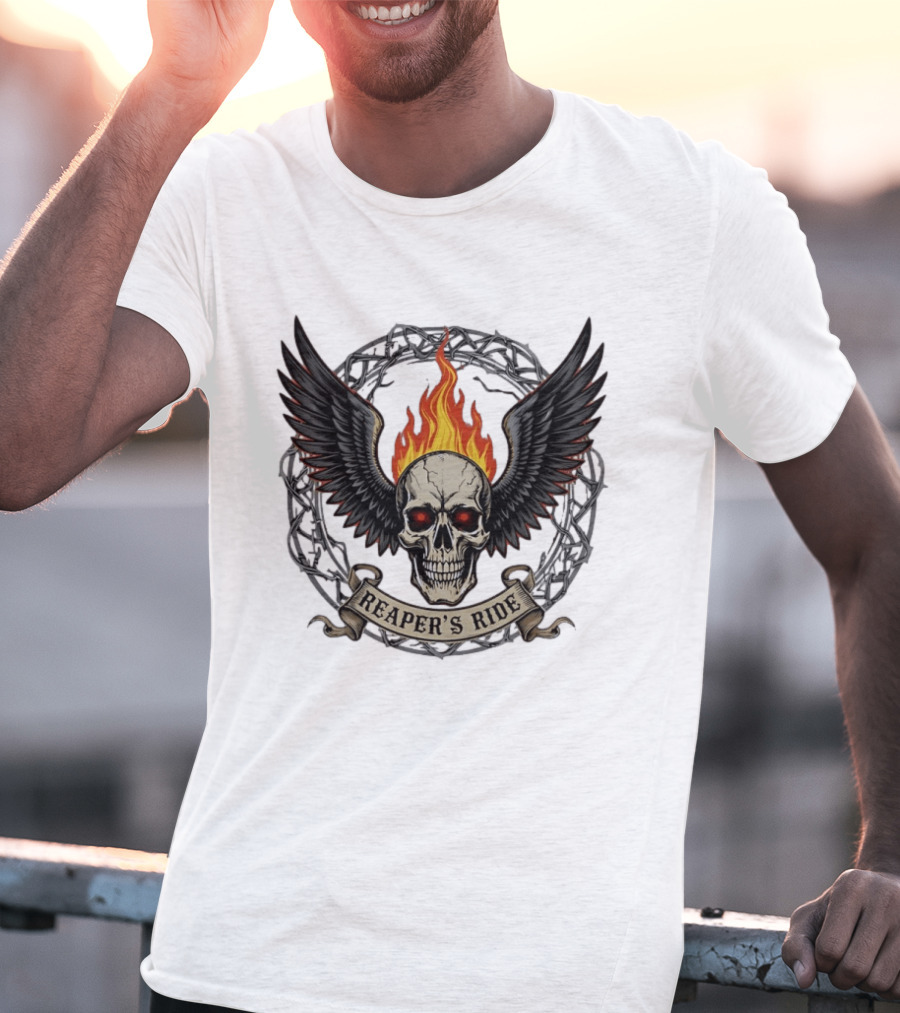 Flaming Skull With Wings Reaper's Ride T-Shirt