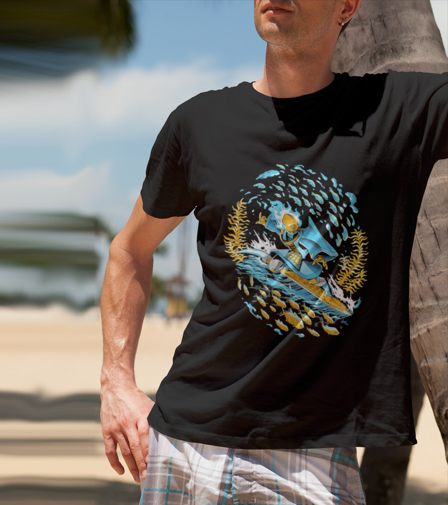 Sword Of The Sea Life Beneath The Waves Golden Samurai Surfer Wave Motion T-Shirt