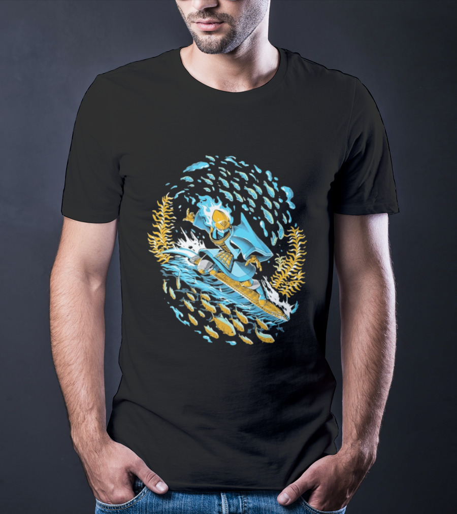 Sword Of The Sea Life Beneath The Waves Golden Samurai Surfer Wave Motion T-Shirt