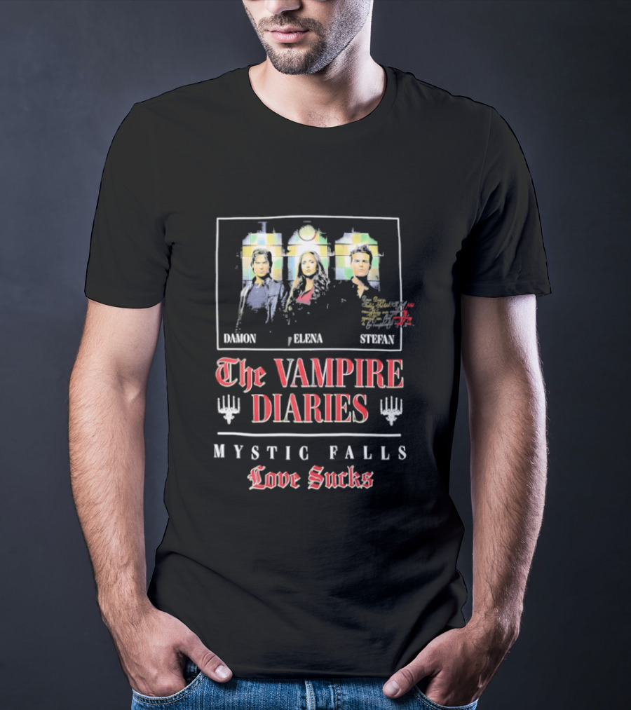 Damon Elena Stefan The Vampire Diaries Mystic Falls Love Sucks T-Shirt