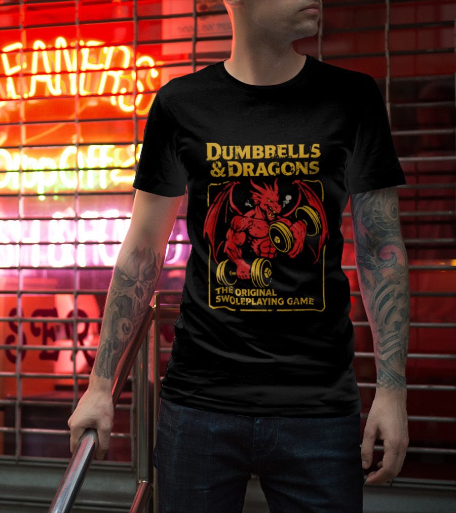 Dumbbells And Dragons The Original Swoleplaying Game Red Dragon Lifting Weights T-Shirt