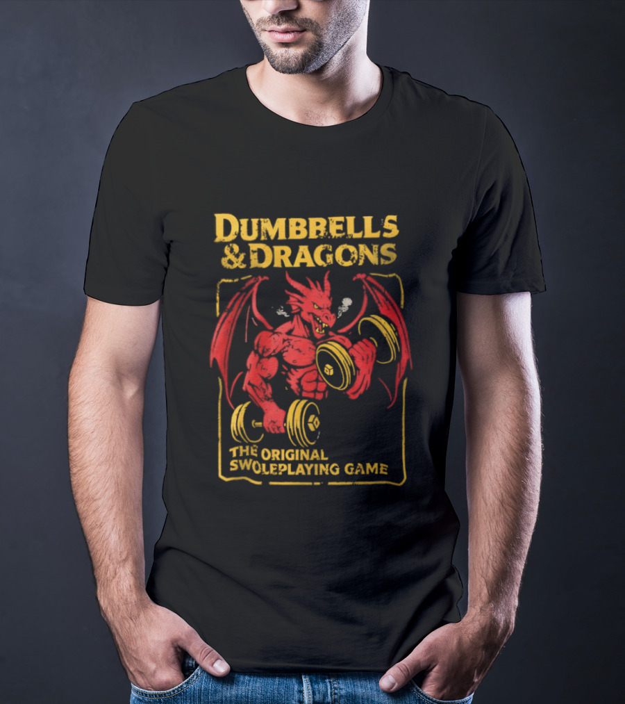 Dumbbells And Dragons The Original Swoleplaying Game Red Dragon Lifting Weights T-Shirt