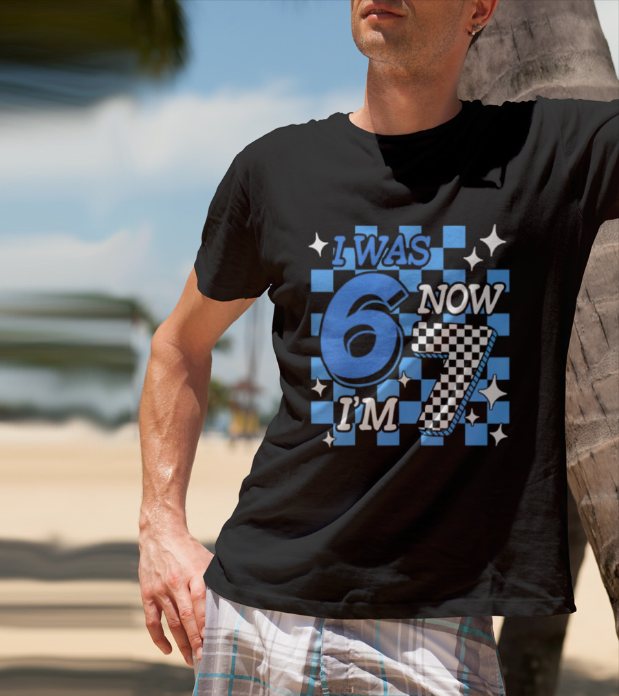 Blue Checkered I Was 6 Now I'm 7 Birthday Boy T-Shirt