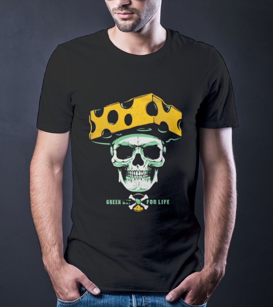 Green Bay Packers For Life Skull Cheesehead T-Shirt