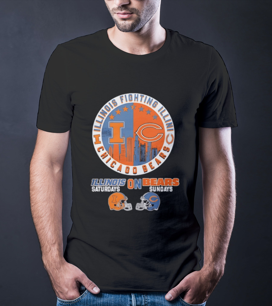 Illinois Fighting Illini And Chicago Bears Saturdays And Sundays Helmet Mashup T-Shirt