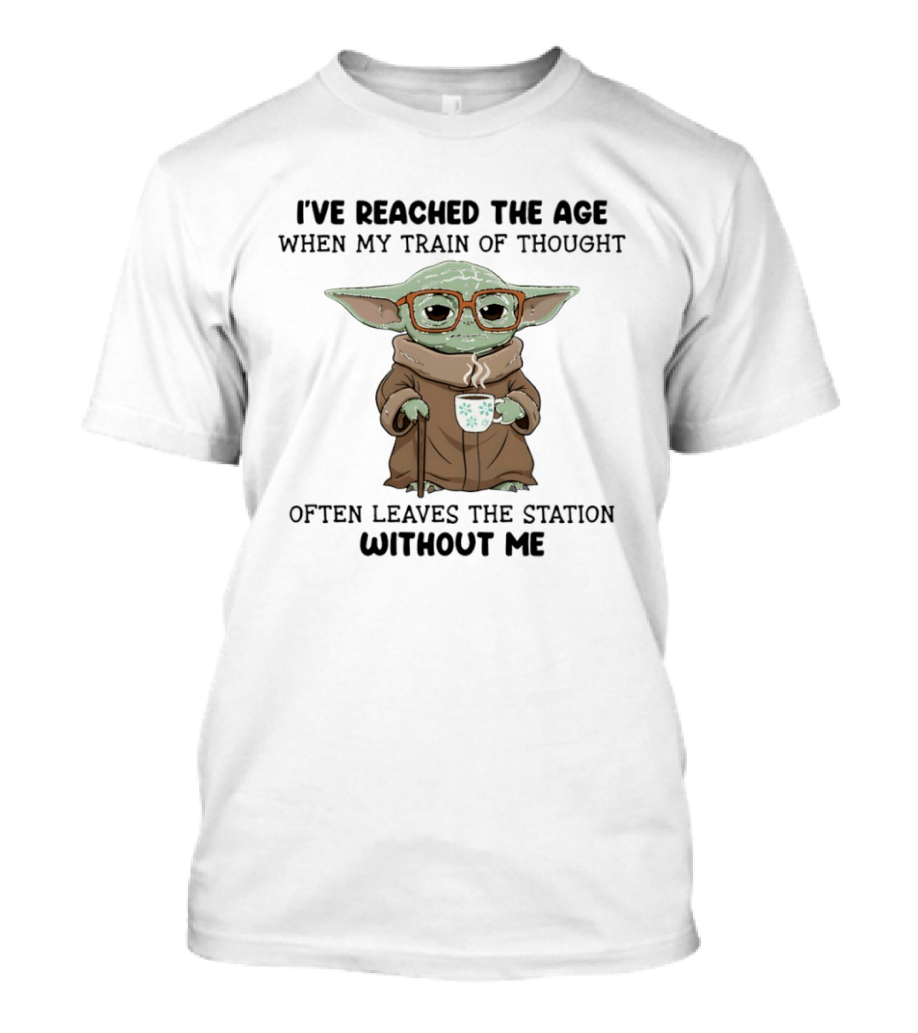 Baby Yoda Train Of Thought Humor With Coffee And Glasses T-Shirt