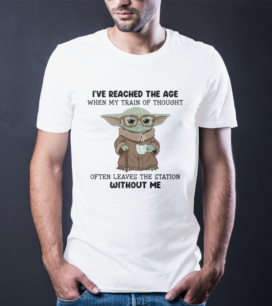 Baby Yoda Train Of Thought Humor With Coffee And Glasses T-Shirt