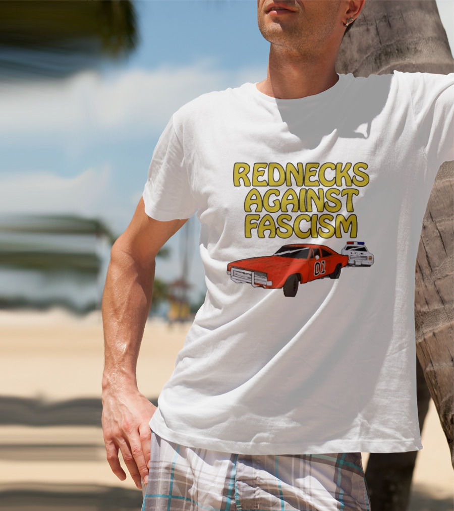 Rednecks Against Fascism Car Cartoon With 01 And Police Chase Scene T-Shirt