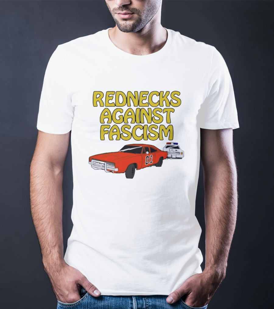 Rednecks Against Fascism Car Cartoon With 01 And Police Chase Scene T-Shirt