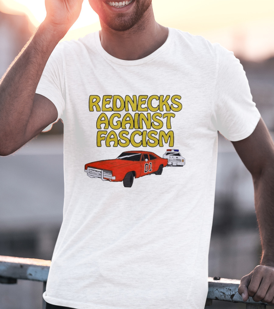 Rednecks Against Fascism Car Cartoon With 01 And Police Chase Scene T-Shirt