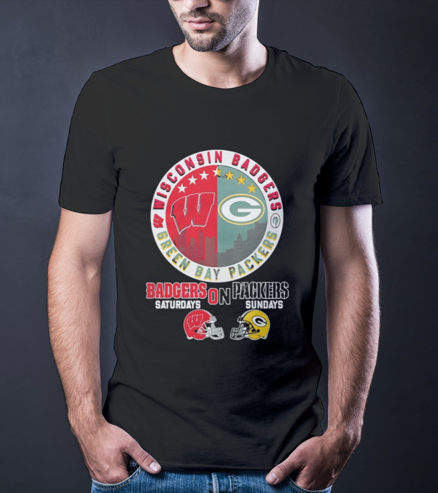 Wisconsin Badgers Green Bay Packers Saturdays Sundays Helmet Mashup T-Shirt