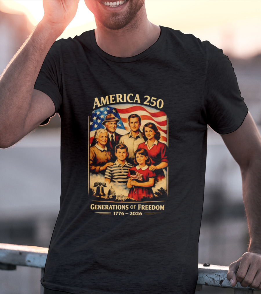 America 250 Generations Of Freedom 1776 2026 Vintage Family With Flag T-Shirt
