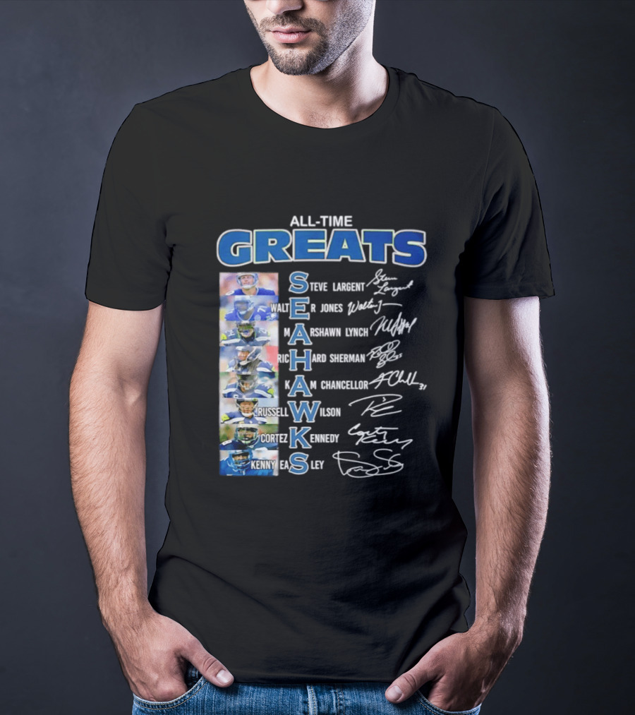 All Time Greats Seattle Seahawks Steve Largent Walter Jones Russell Wilson Legion Of Boom T-Shirt