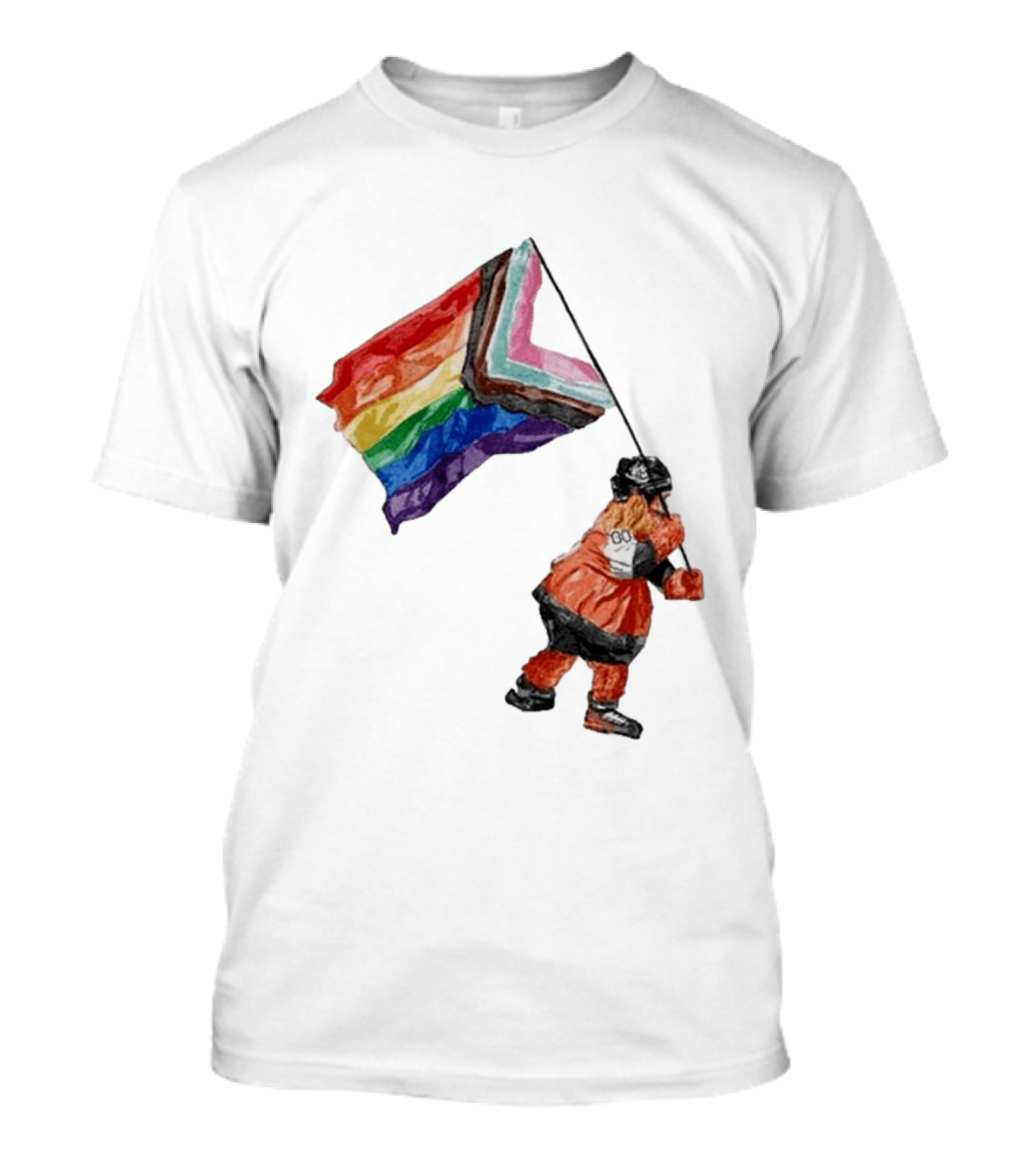Philadelphia Hockey Mascot Holding Progress Pride Flag T-Shirt