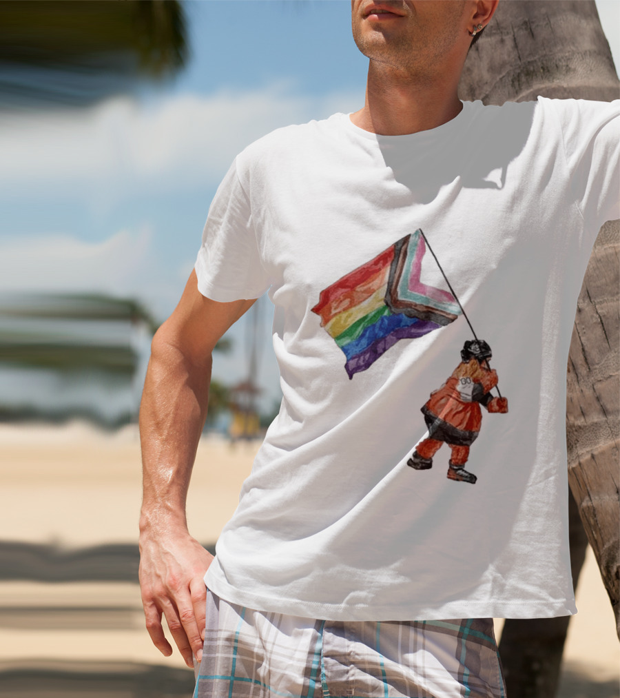 Philadelphia Hockey Mascot Holding Progress Pride Flag T-Shirt