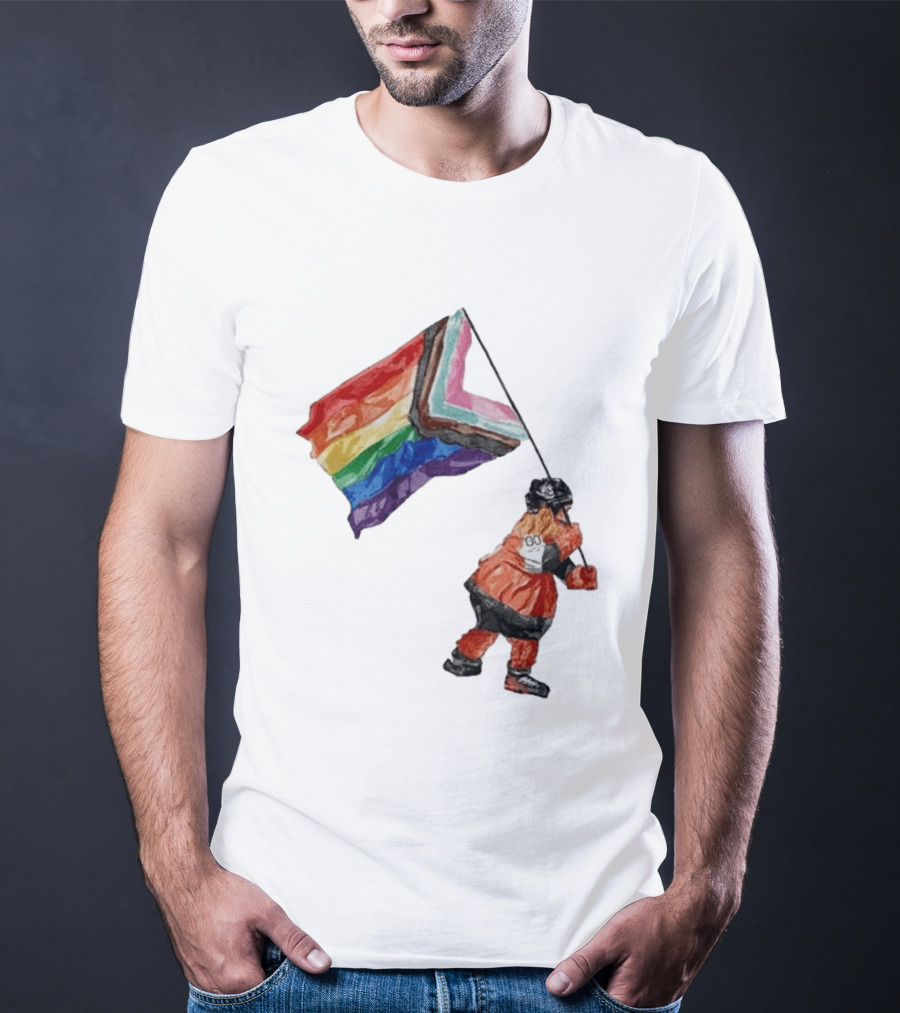 Philadelphia Hockey Mascot Holding Progress Pride Flag T-Shirt