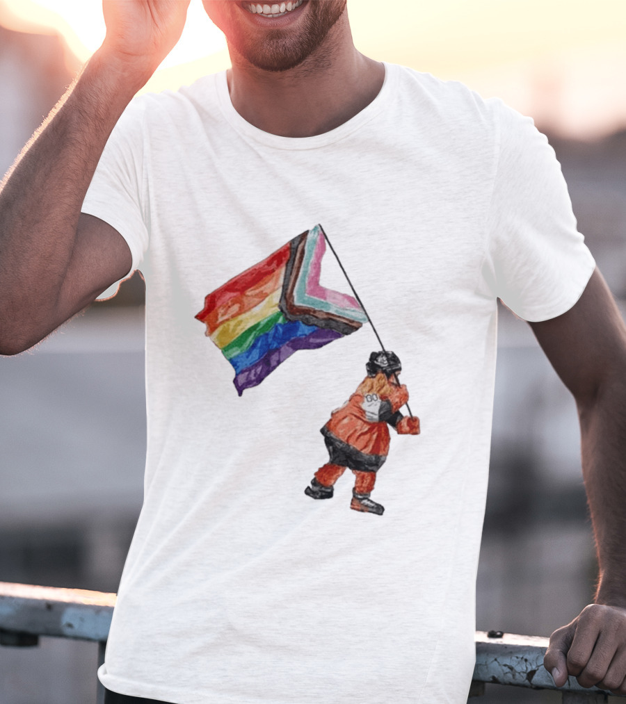 Philadelphia Hockey Mascot Holding Progress Pride Flag T-Shirt