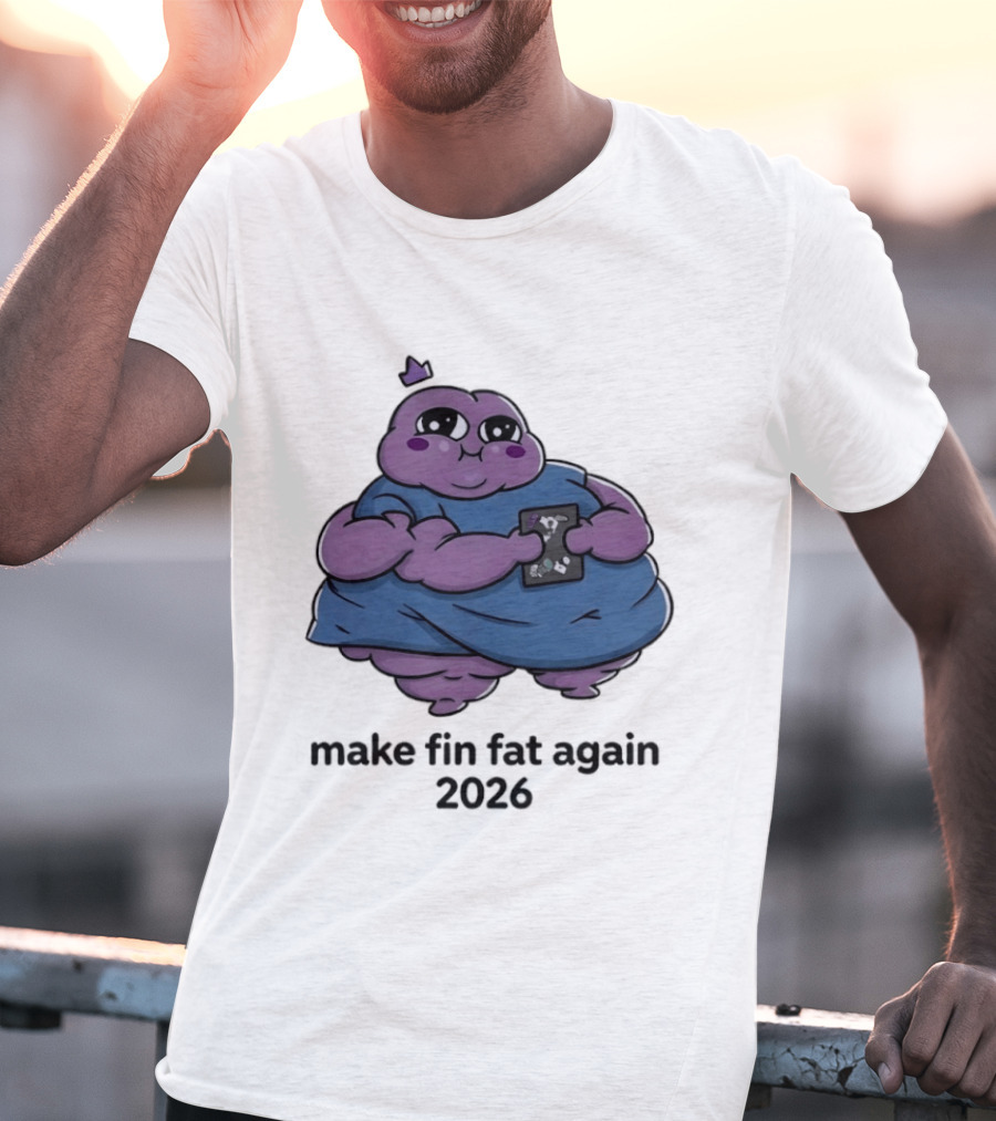 Make Fin Fat Again 2026 Cartoon Character Holding Card T-Shirt