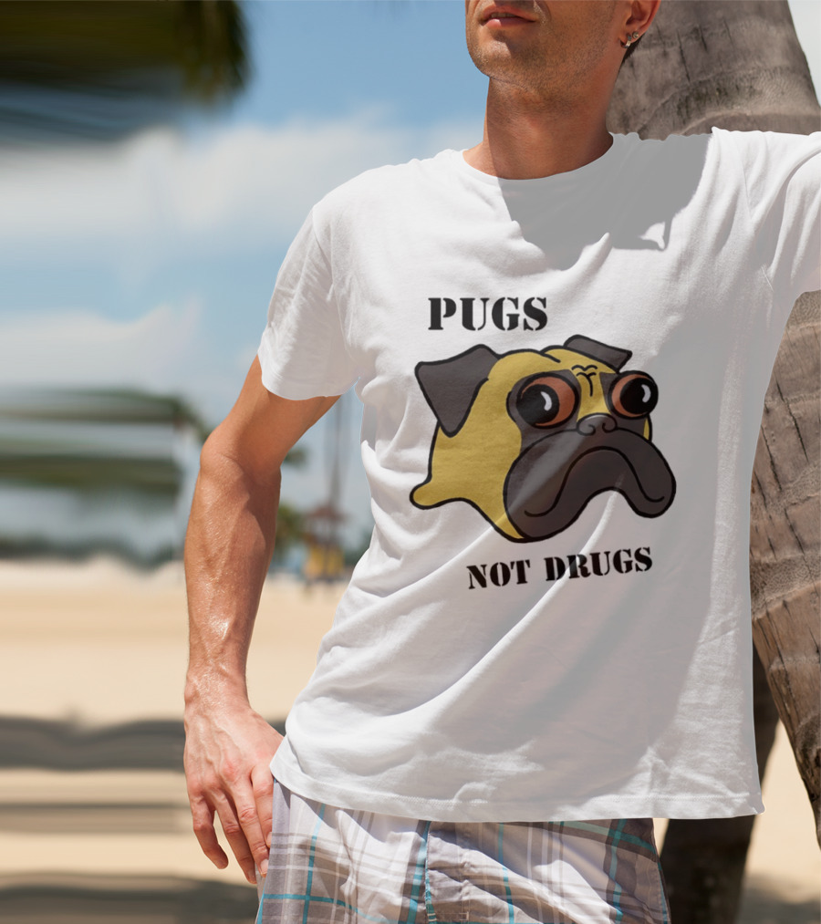 Pugs Not Drugs Cartoon Dog Face Funny Anti Drug Message T-Shirt