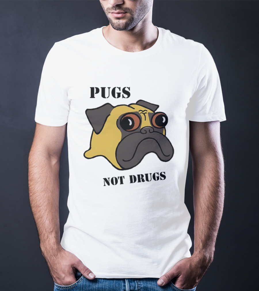 Pugs Not Drugs Cartoon Dog Face Funny Anti Drug Message T-Shirt