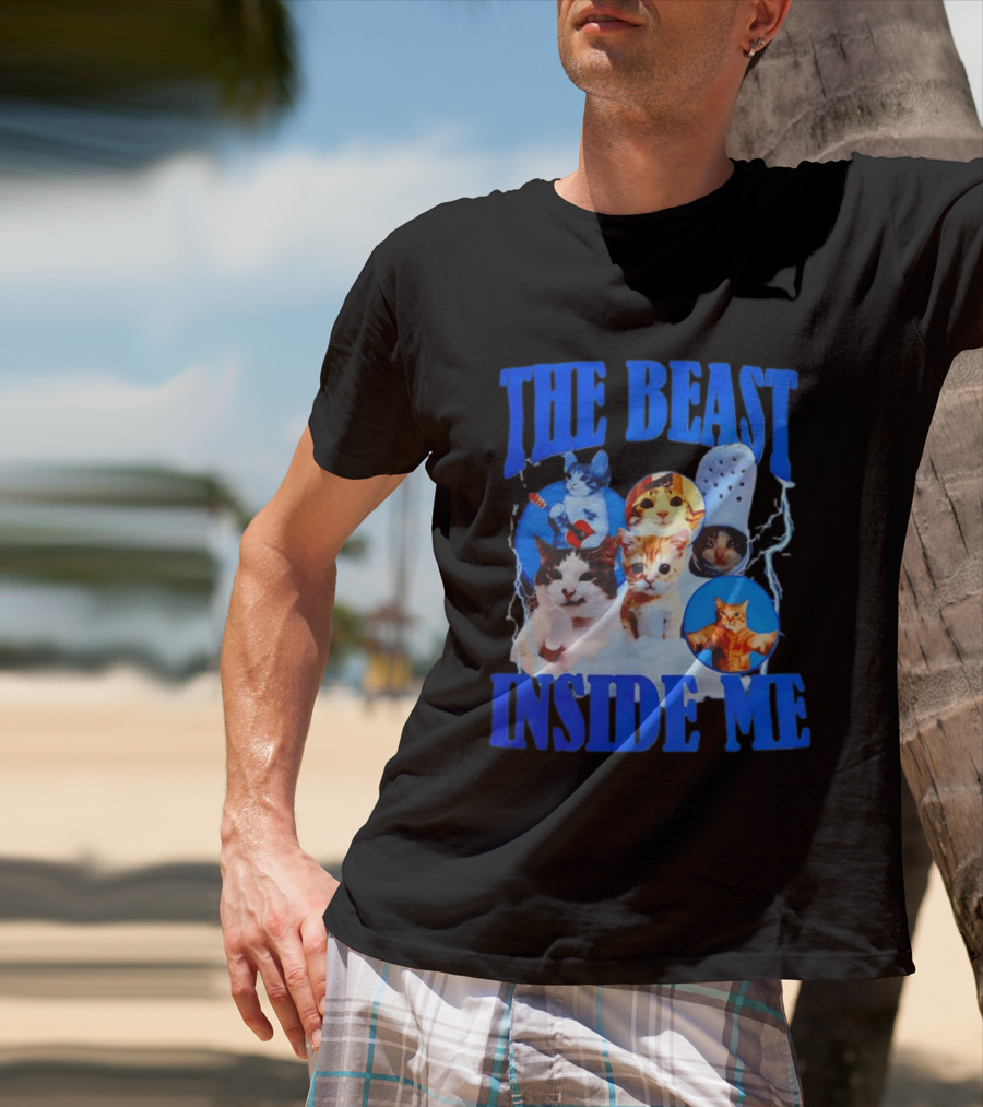 The Beast Inside Me Cat Collage With Blue Electric Accents T-Shirt