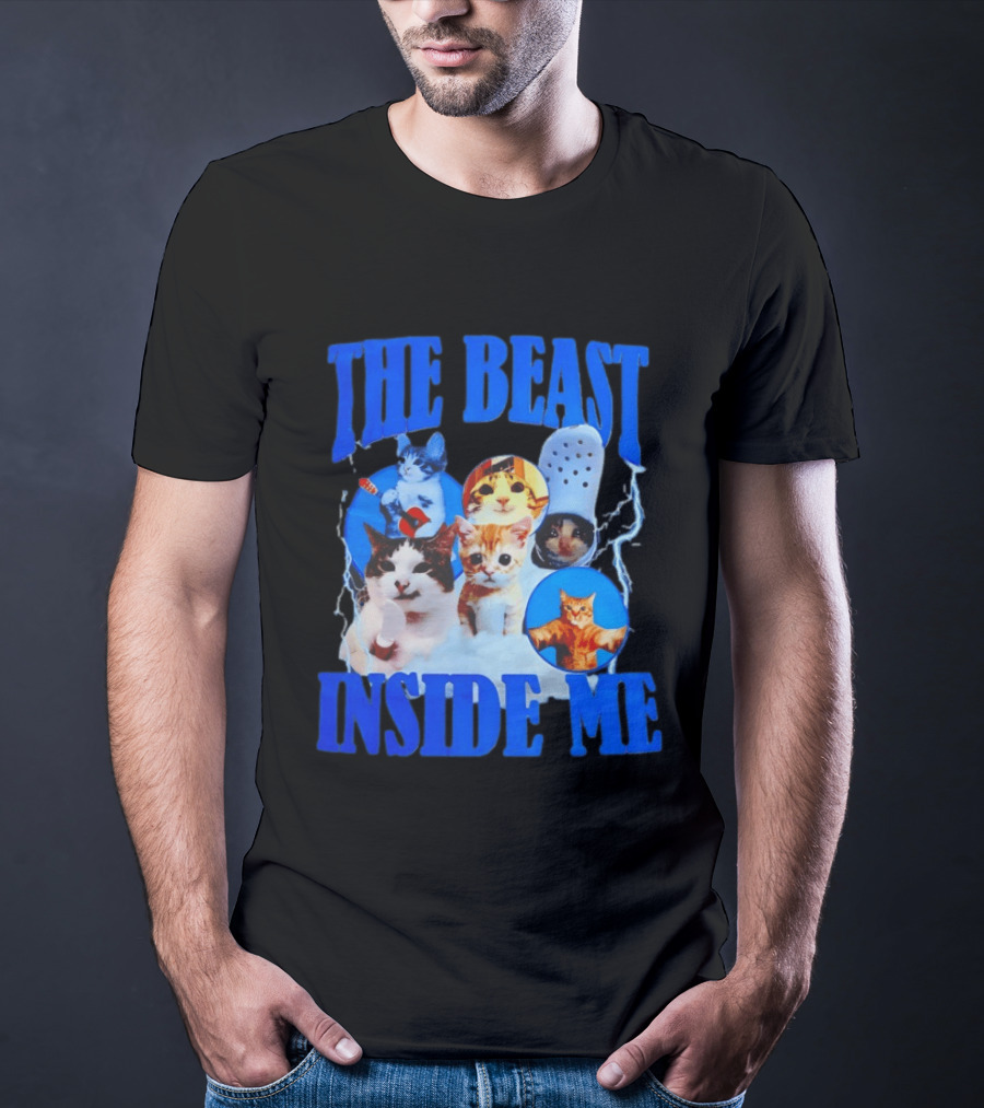 The Beast Inside Me Cat Collage With Blue Electric Accents T-Shirt