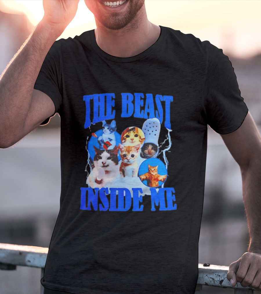The Beast Inside Me Cat Collage With Blue Electric Accents T-Shirt