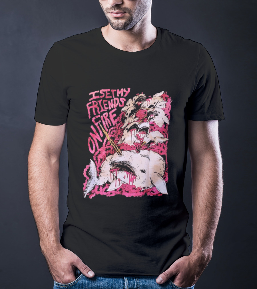 I Set My Friends On Fire Narwhal Pink And White T-Shirt