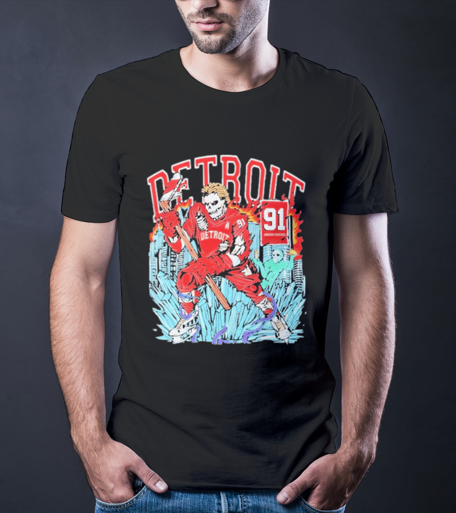 Detroit Hockey 91 Skeleton Player Red Jersey Cityscape Flame T-Shirt