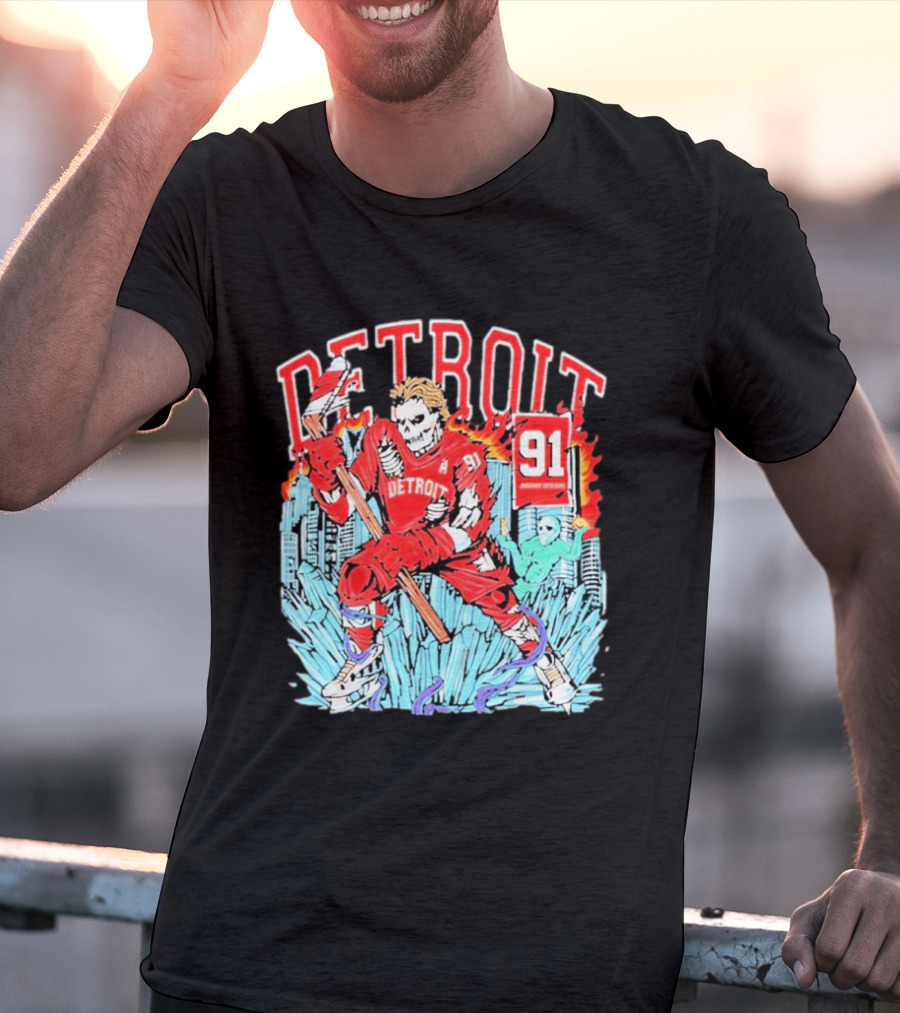 Detroit Hockey 91 Skeleton Player Red Jersey Cityscape Flame T-Shirt