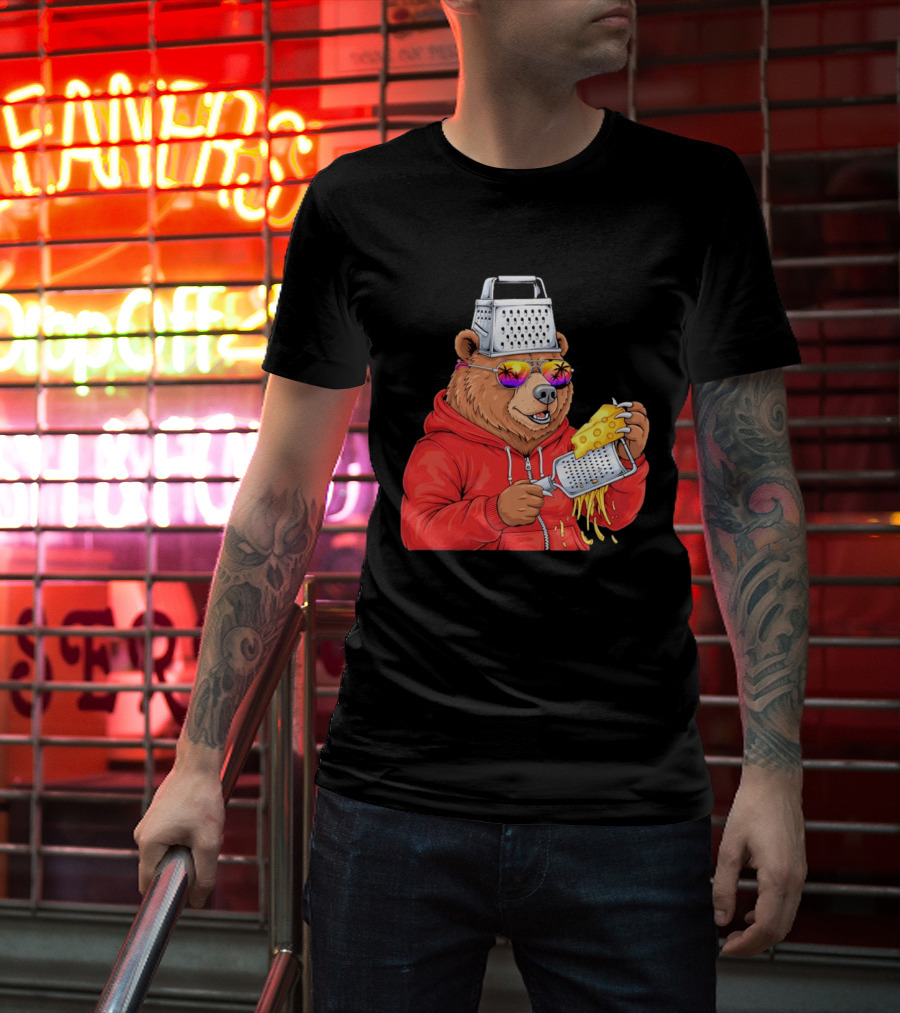 Bear With Cheese Grater Hat And Sunglasses With Bright Palm Tree Reflection T-Shirt