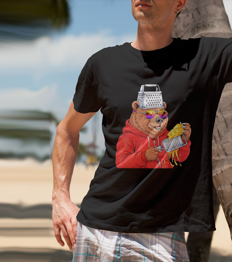 Bear With Cheese Grater Hat And Sunglasses With Bright Palm Tree Reflection T-Shirt