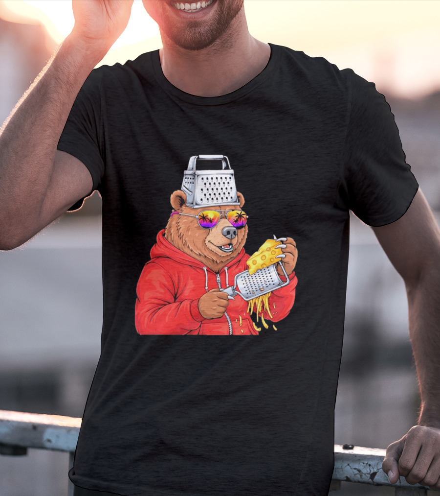 Bear With Cheese Grater Hat And Sunglasses With Bright Palm Tree Reflection T-Shirt