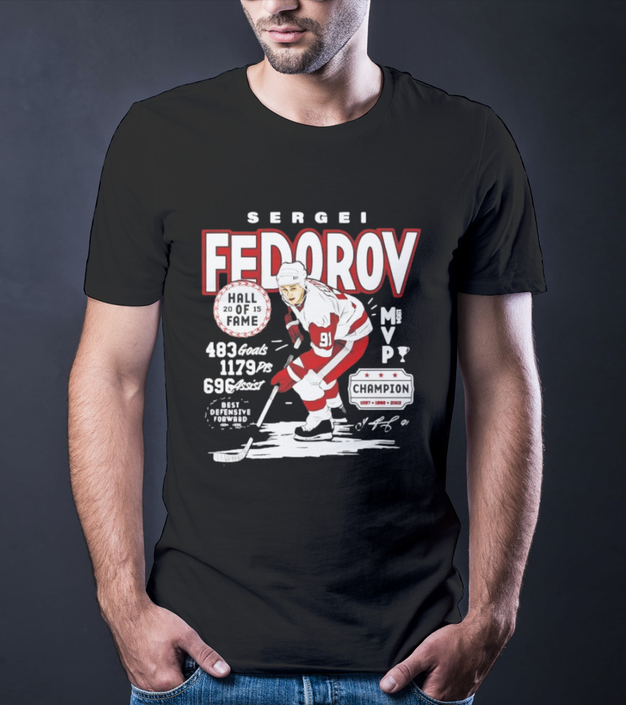 Sergei Fedorov Hall Of Fame MVP Champion Detroit Stats 483 Goals 1179 Points 696 Assists T-Shirt