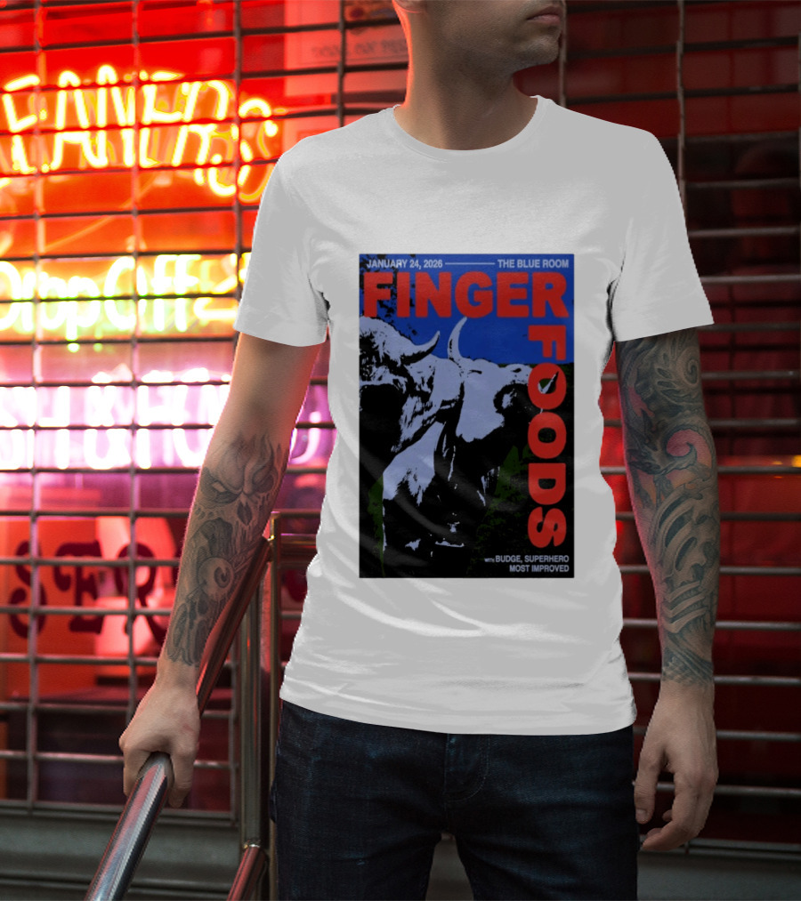 January 24 2026 Finger Foods The Blue Room Budge Superhero Most Improved T-Shirt