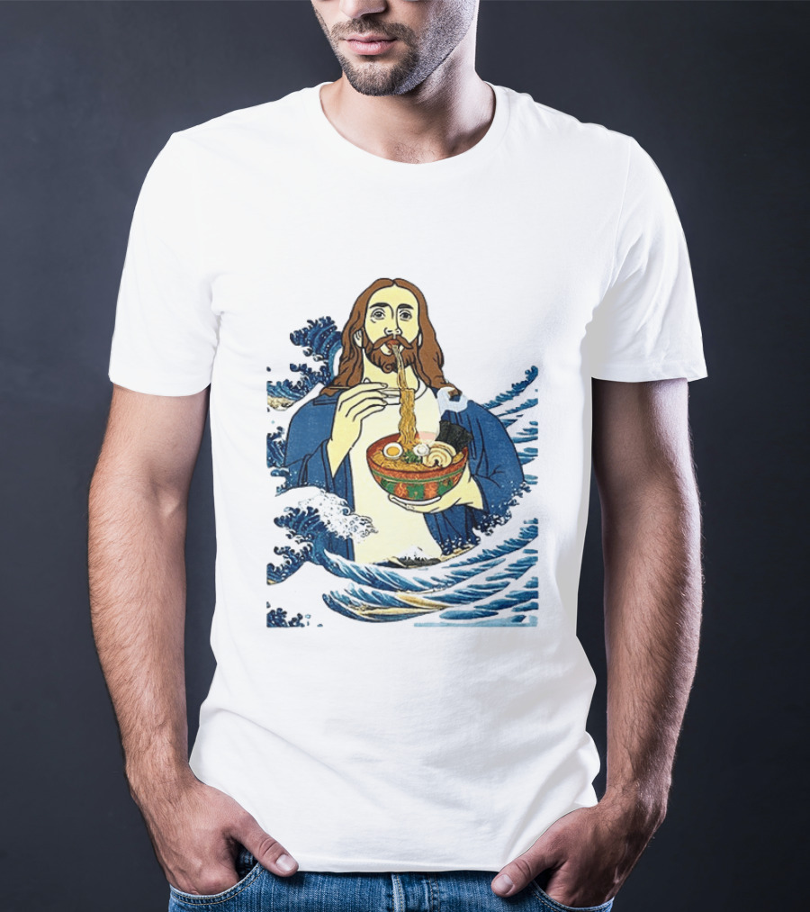 God Eats Ramen Jesus Wave Meme With Bowl Of Noodles T-Shirt